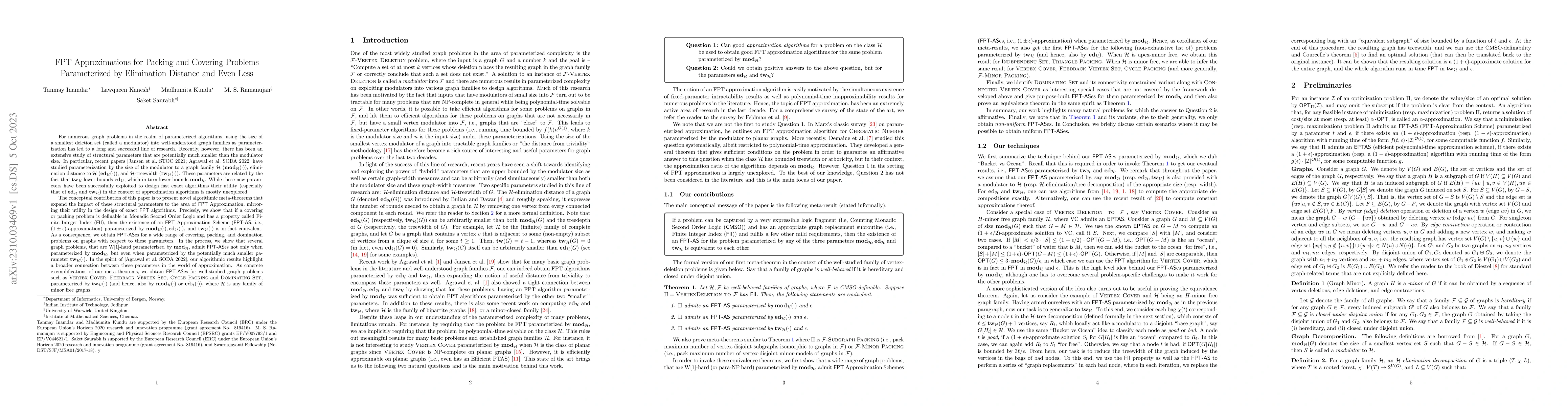 Thumbnail for FPT Approximations for Packing and Covering Problems Parameterized by
  Elimination Distance and Even Less
