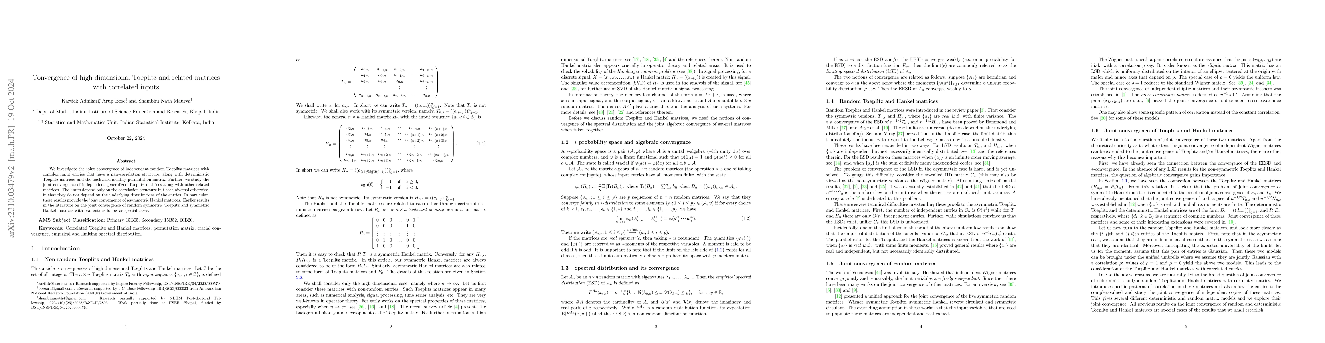 Thumbnail for Convergence of high dimensional Toeplitz and related matrices with
  correlated inputs