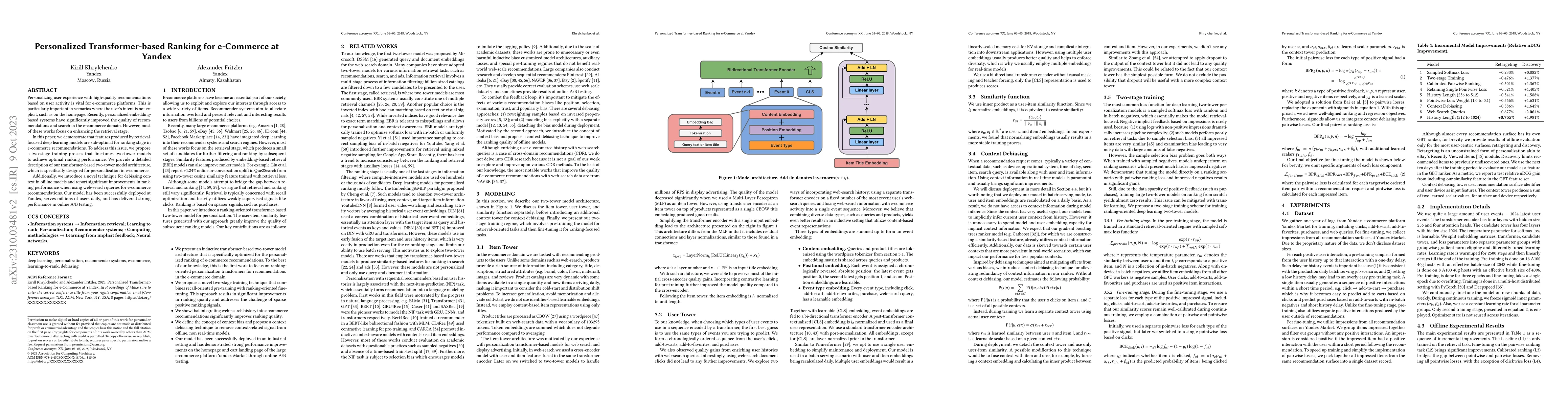 Thumbnail for Personalized Transformer-based Ranking for e-Commerce at Yandex