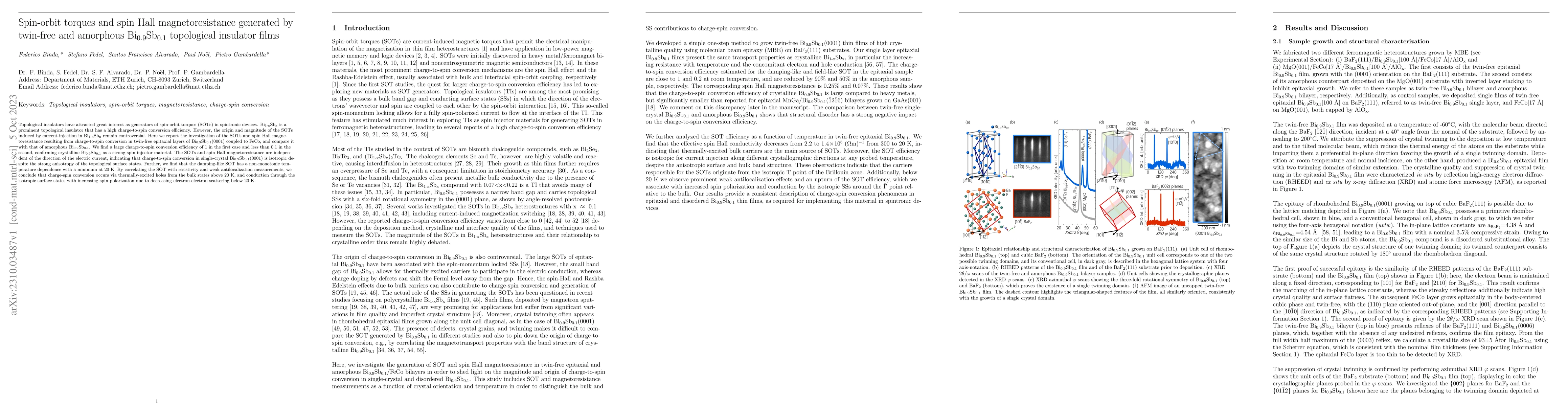 Thumbnail for Spin-orbit torques and spin Hall magnetoresistance generated by
  twin-free and amorphous Bi0.9Sb0.1 topological insulator films