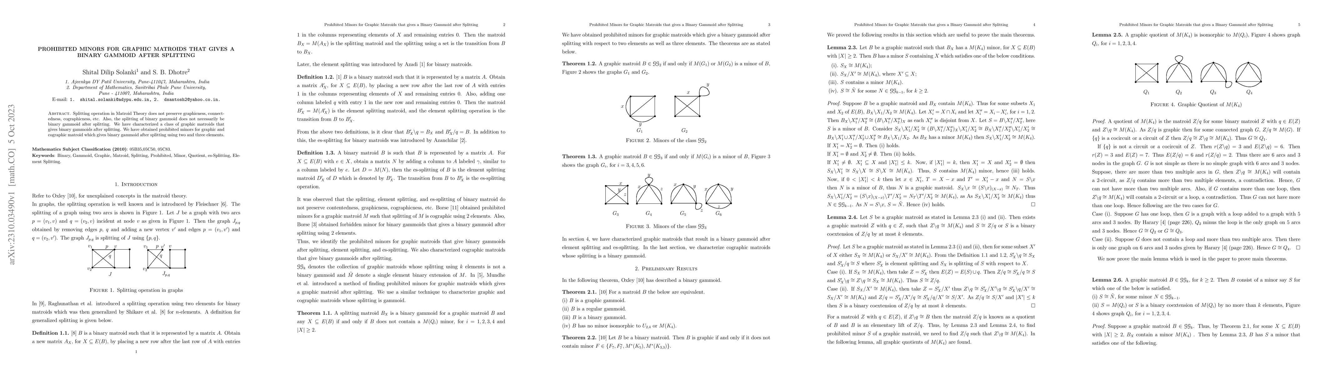 Thumbnail for Prohibited Minors For Graphic Matroids That Gives A Binary Gammoid After
  Splitting