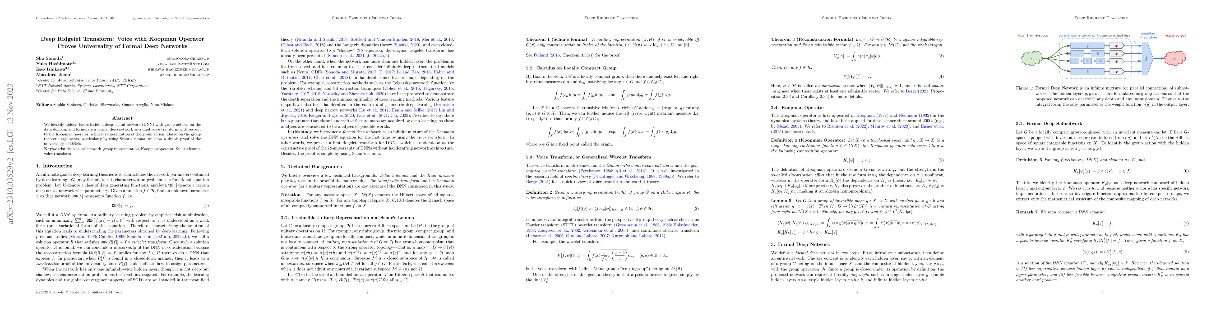 Thumbnail for Deep Ridgelet Transform: Voice with Koopman Operator Proves Universality
  of Formal Deep Networks