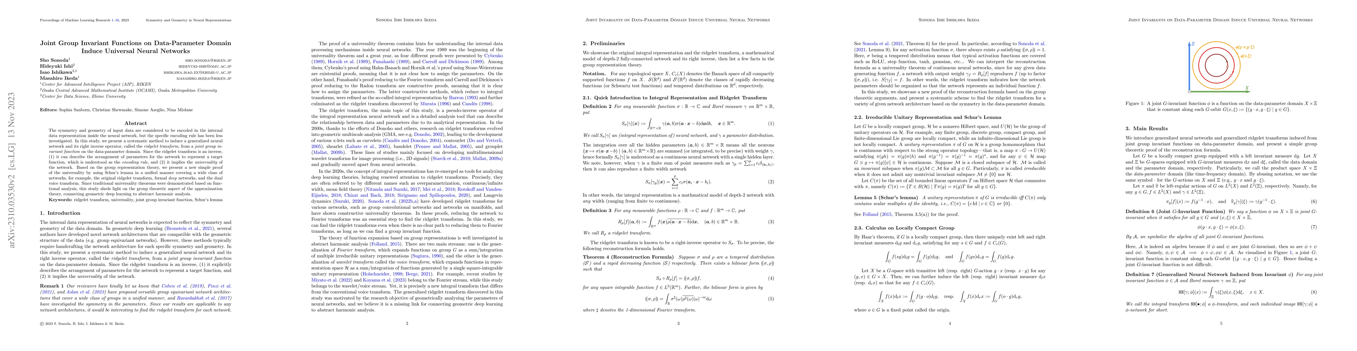 Thumbnail for Joint Group Invariant Functions on Data-Parameter Domain Induce
  Universal Neural Networks