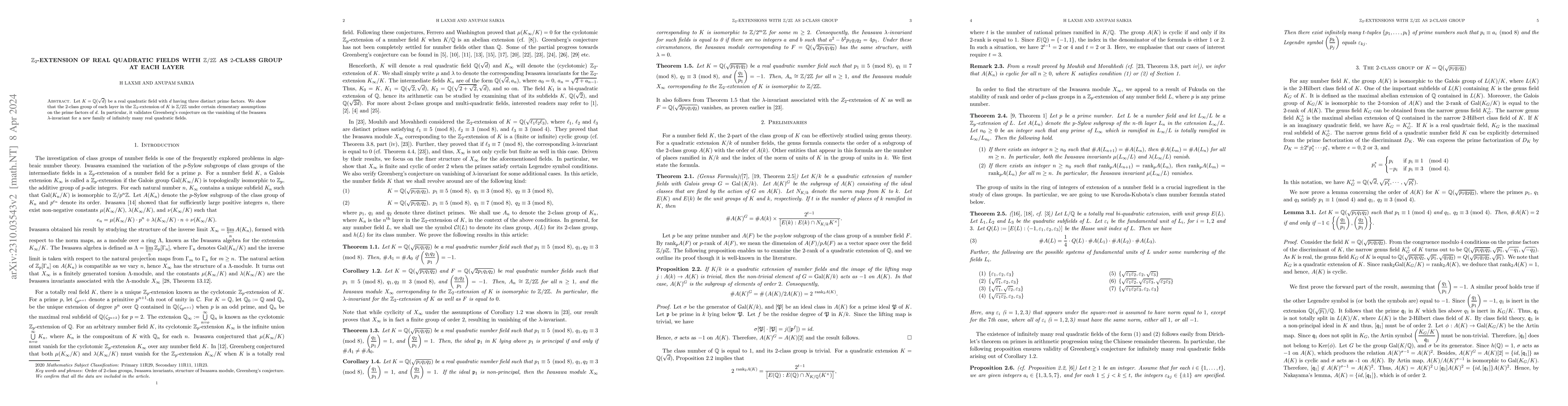 Thumbnail for $\mathbb{Z}_2$-extension of real quadratic fields with
  $\mathbb{Z}/2\mathbb{Z}$ as $2$-class group at each layer