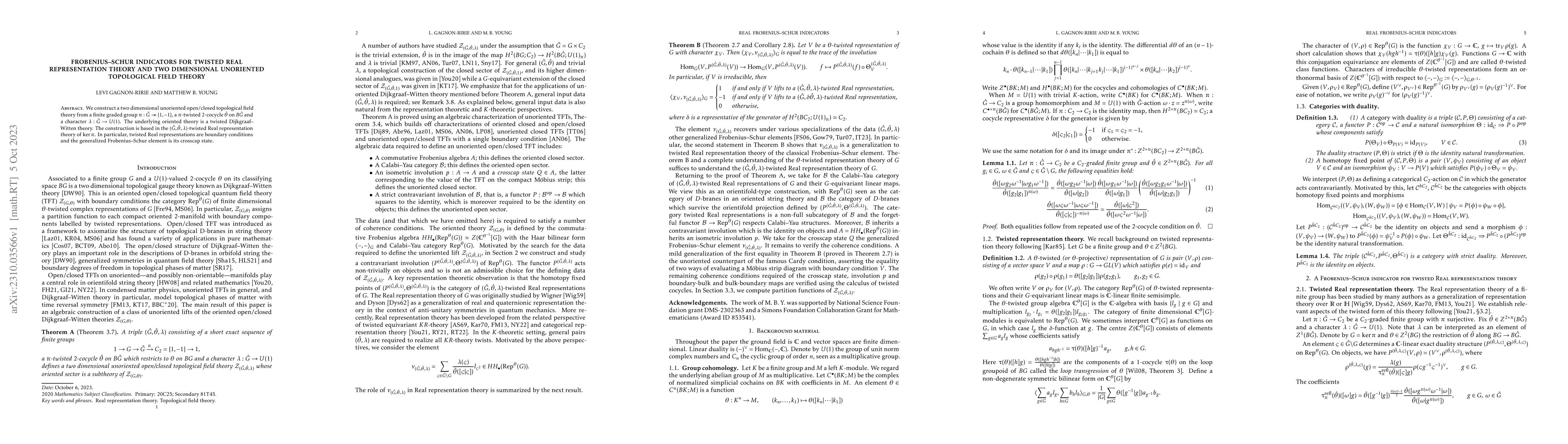 Thumbnail for Frobenius--Schur indicators for twisted Real representation theory and
  two dimensional unoriented topological field theory