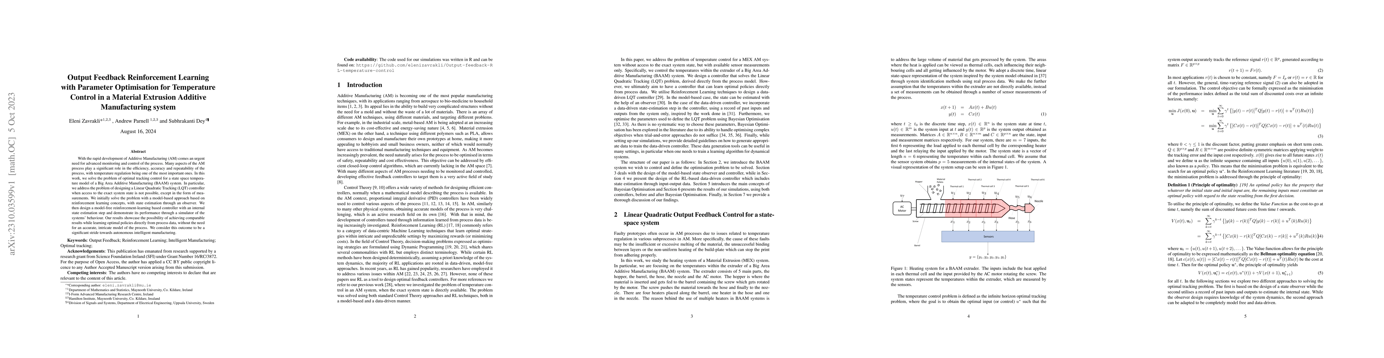 Thumbnail for Output Feedback Reinforcement Learning with Parameter Optimisation for
  Temperature Control in a Material Extrusion Additive Manufacturing system