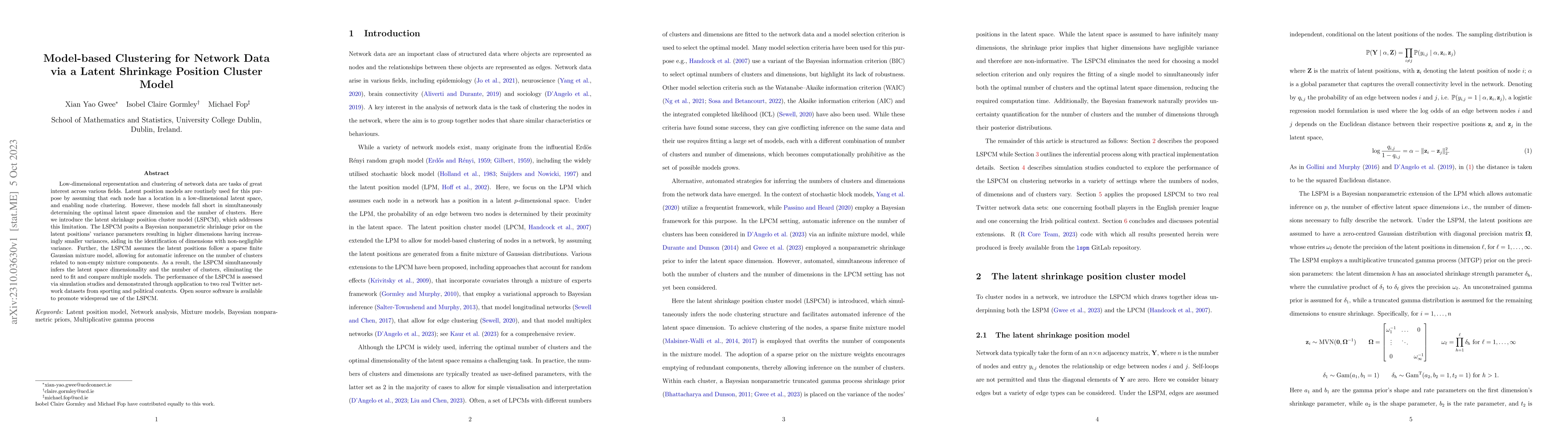 Thumbnail for Model-based Clustering for Network Data via a Latent Shrinkage Position
  Cluster Model