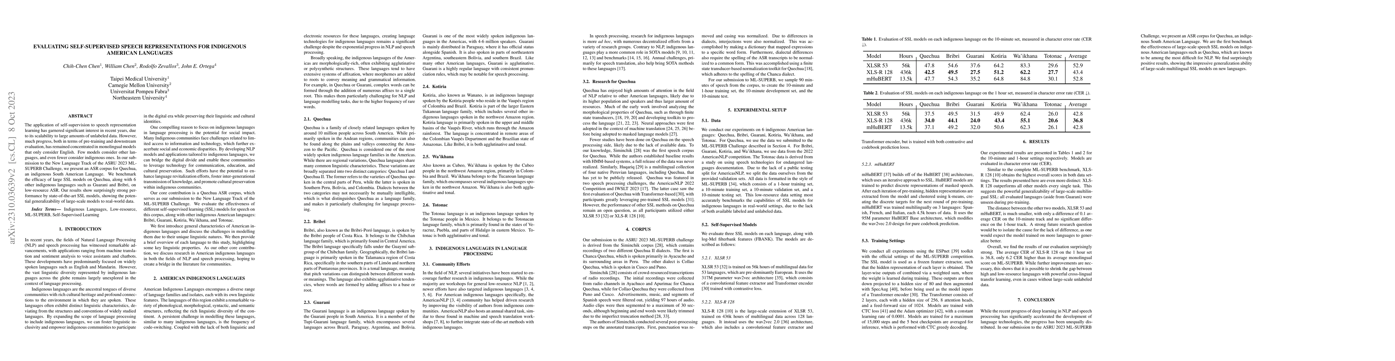 Thumbnail for Evaluating Self-Supervised Speech Representations for Indigenous
  American Languages