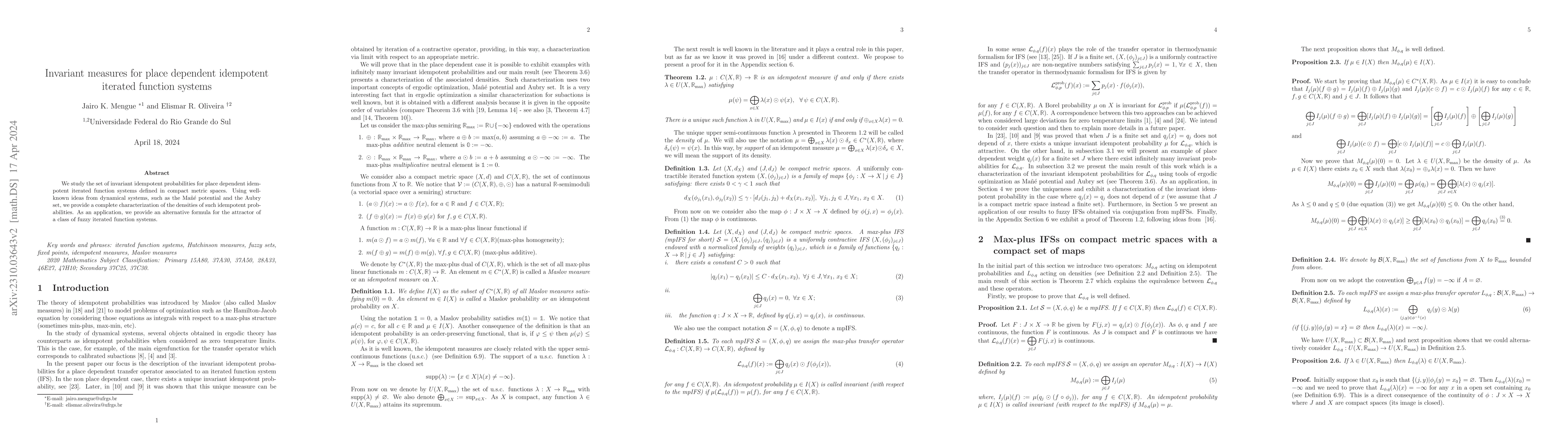 Thumbnail for Invariant measures for place dependent idempotent iterated function
  systems