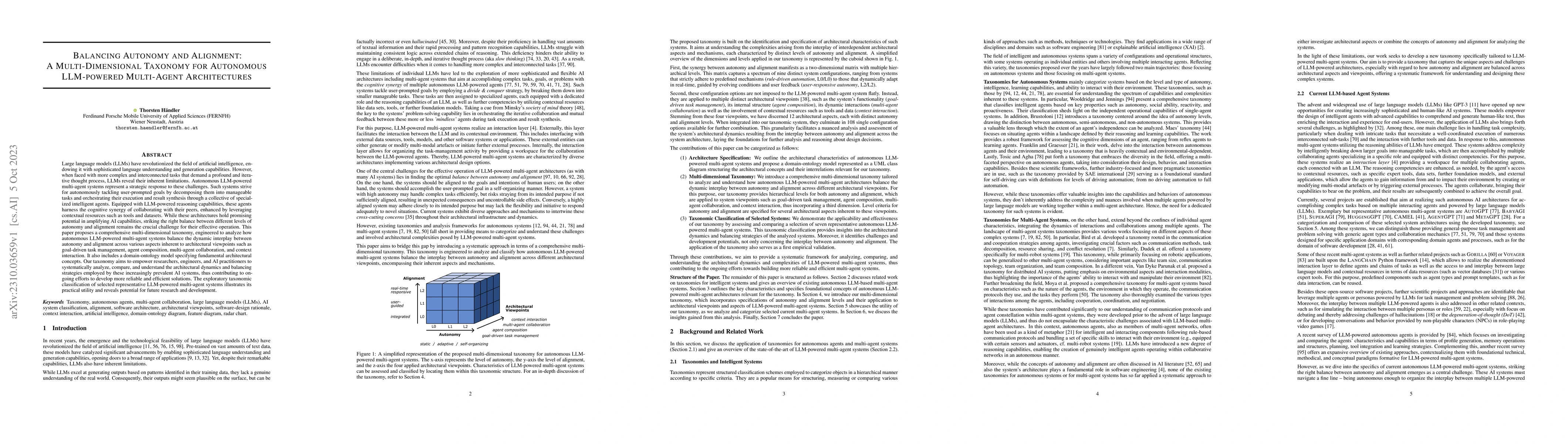 Thumbnail for Balancing Autonomy and Alignment: A Multi-Dimensional Taxonomy for
  Autonomous LLM-powered Multi-Agent Architectures