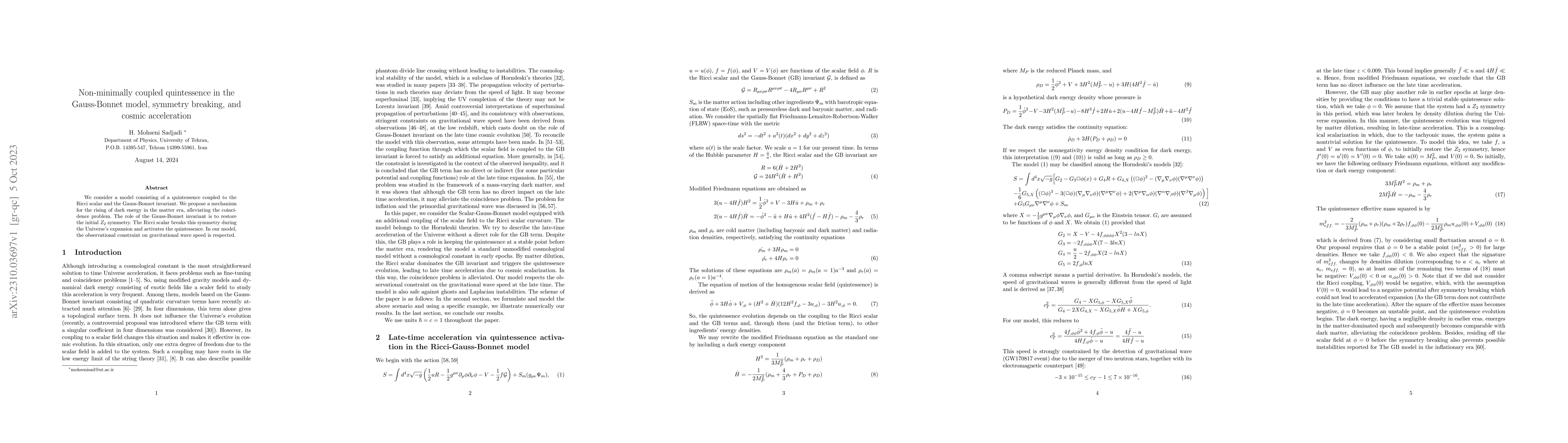 Thumbnail for Non-minimally coupled quintessence in the Gauss-Bonnet model, symmetry
  breaking, and cosmic acceleration