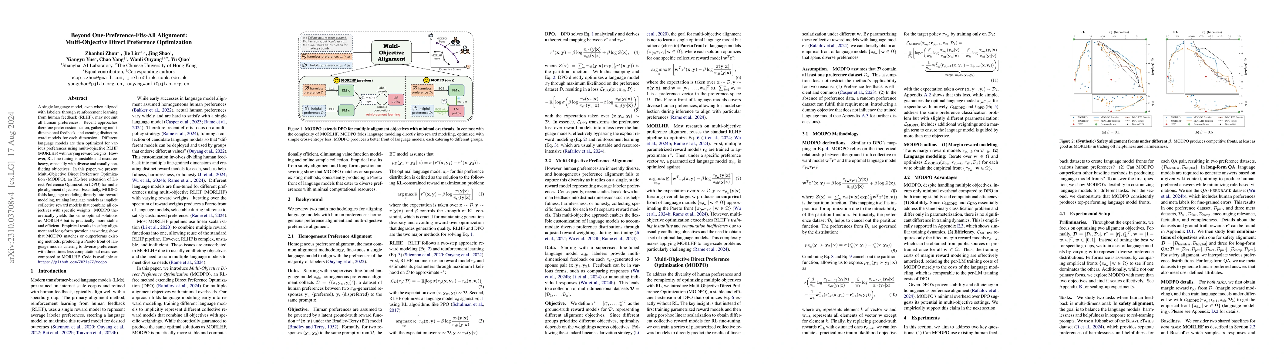 Thumbnail for Beyond One-Preference-Fits-All Alignment: Multi-Objective Direct
  Preference Optimization