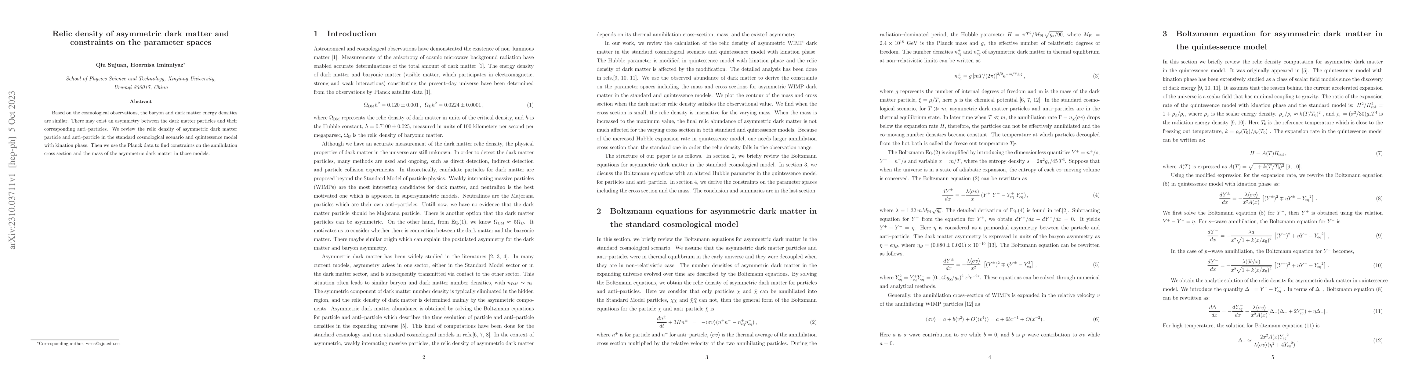 Thumbnail for Relic density of asymmetric dark matter and constraints on the parameter
  spaces