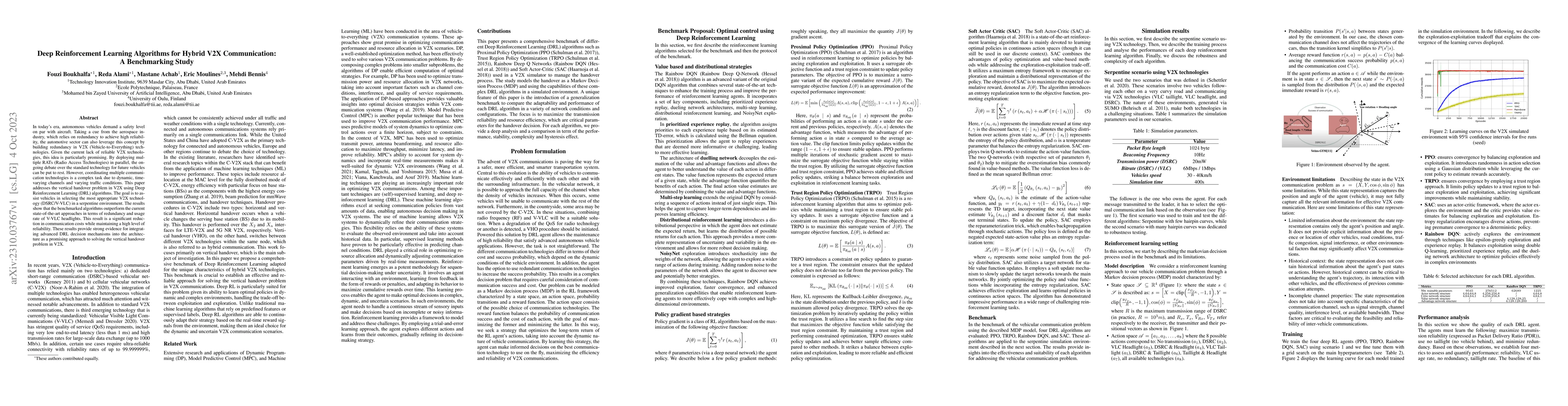 Thumbnail for Deep Reinforcement Learning Algorithms for Hybrid V2X Communication: A
  Benchmarking Study