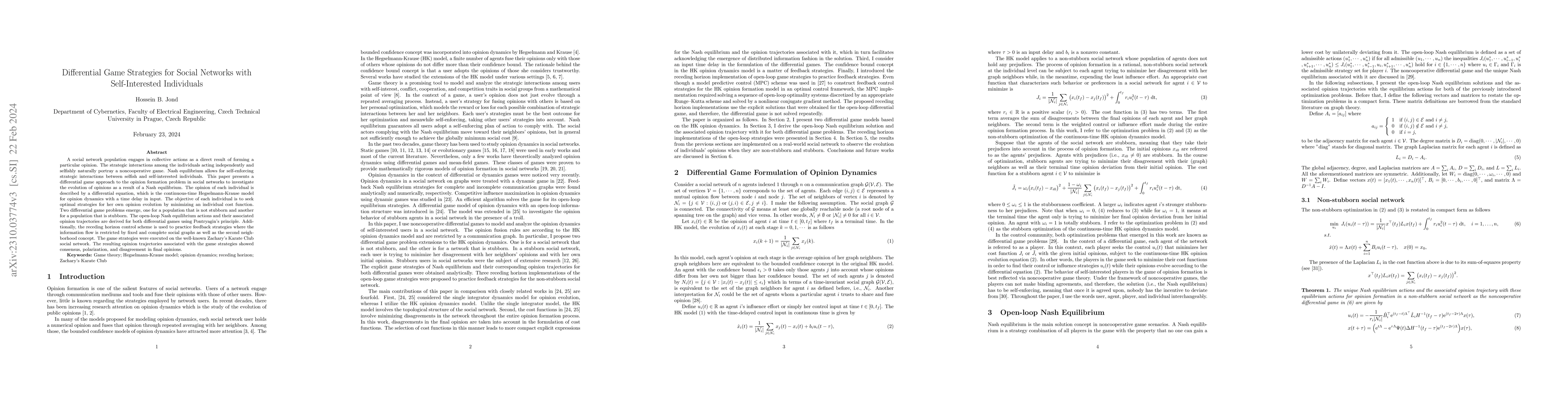 Thumbnail for Differential Game Strategies for Social Networks with Self-Interested
  Individuals