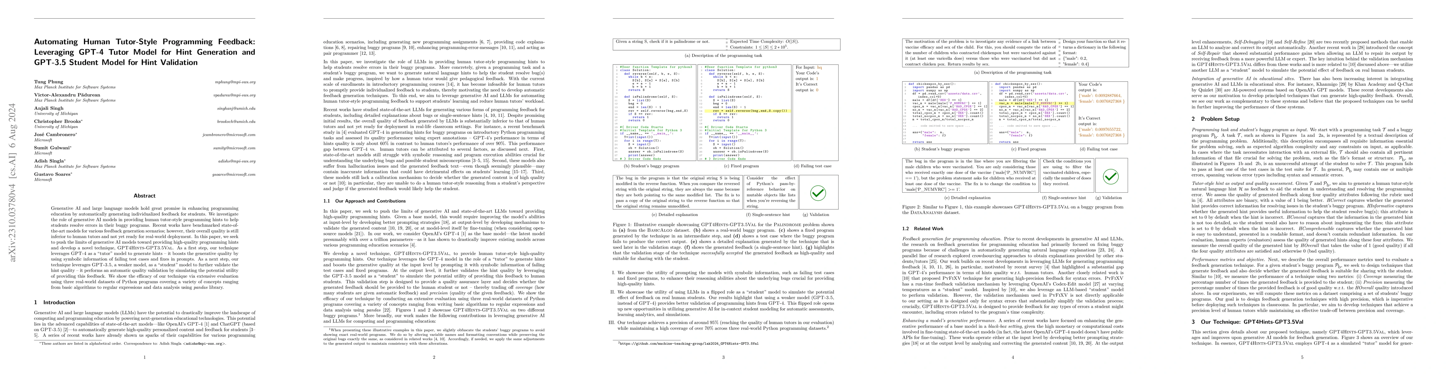Thumbnail for Automating Human Tutor-Style Programming Feedback: Leveraging GPT-4
  Tutor Model for Hint Generation and GPT-3.5 Student Model for Hint Validation