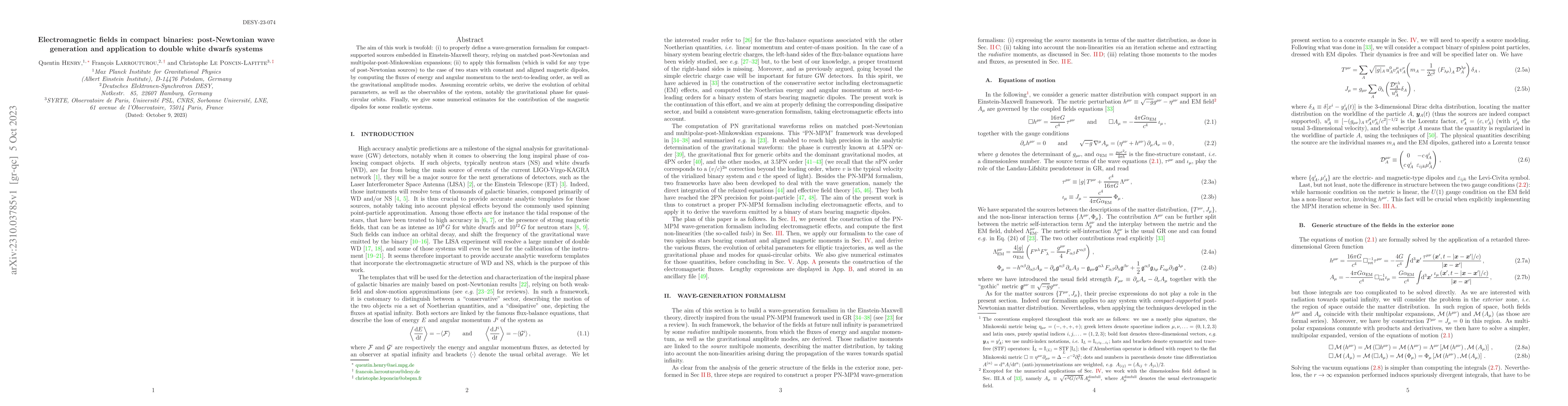 Thumbnail for Electromagnetic fields in compact binaries: post-Newtonian wave
  generation and application to double white dwarfs systems