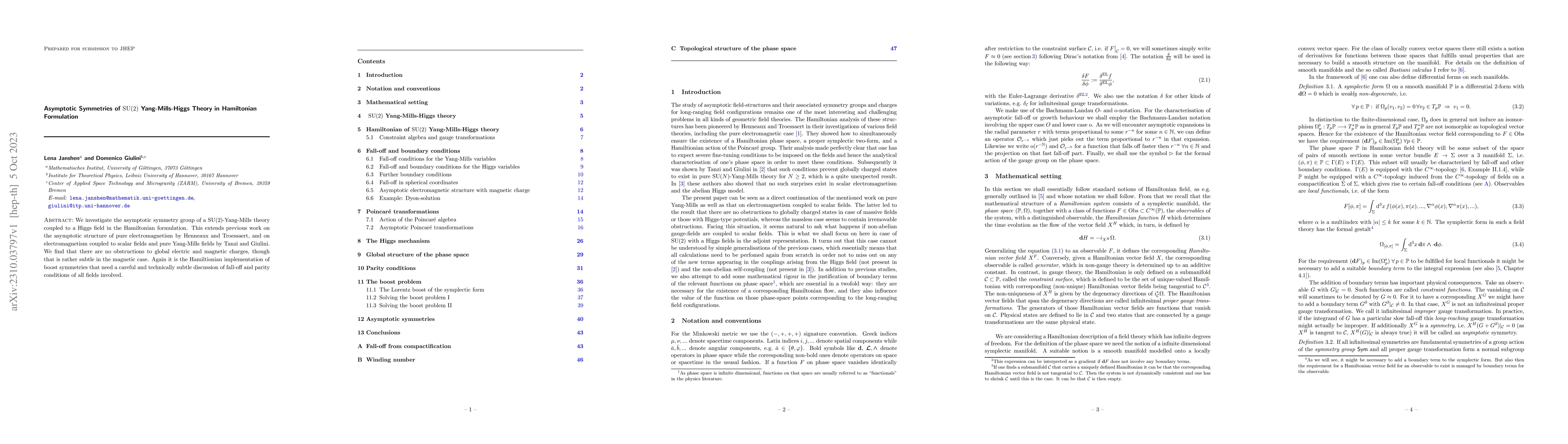 Thumbnail for Asymptotic Symmetries of SU(2) Yang-Mills-Higgs Theory in Hamiltonian
  Formulation