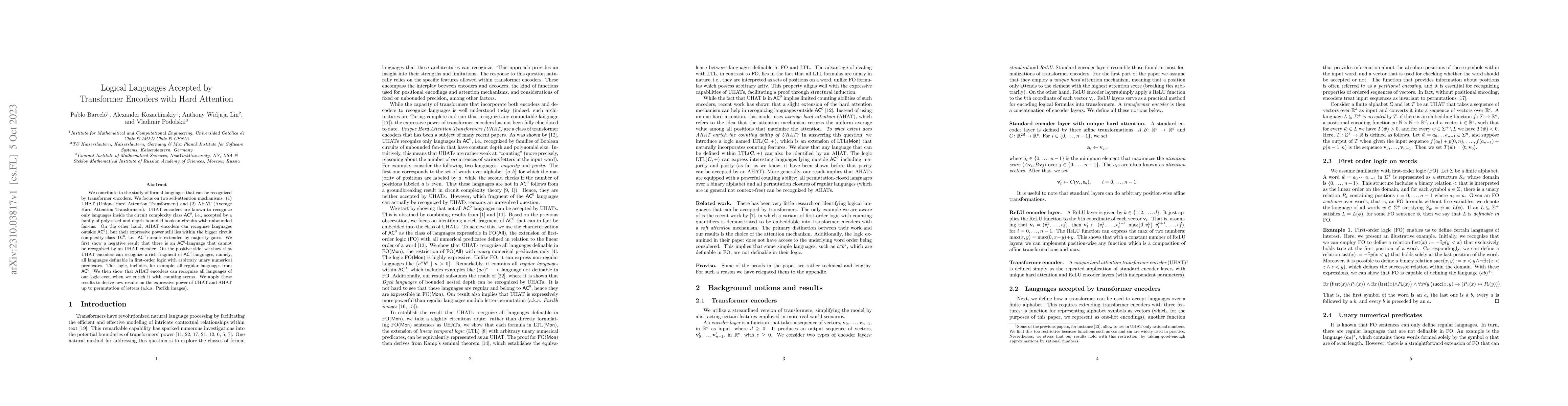 Thumbnail for Logical Languages Accepted by Transformer Encoders with Hard Attention