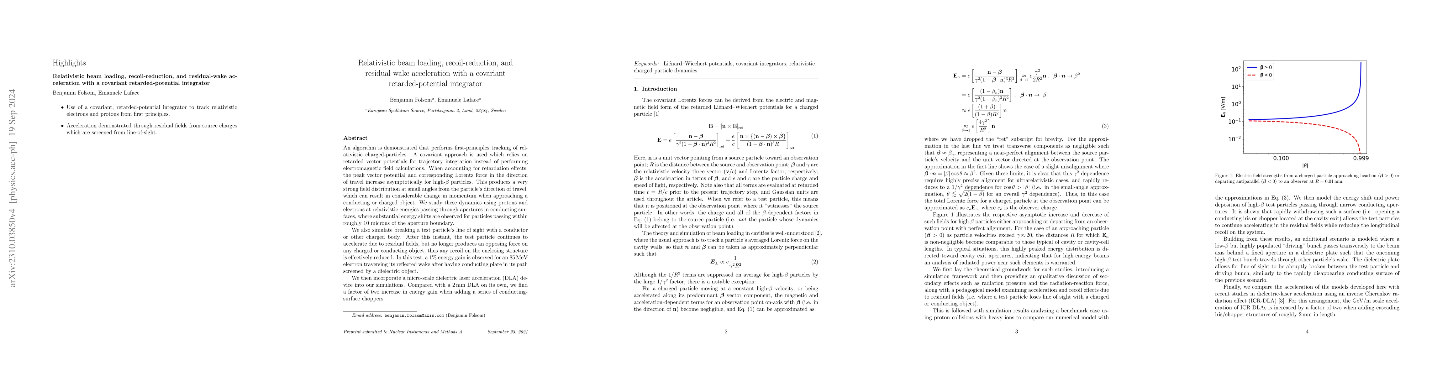 Thumbnail for Relativistic beam loading, recoil-reduction, and residual-wake
  acceleration with a covariant retarded-potential integrator