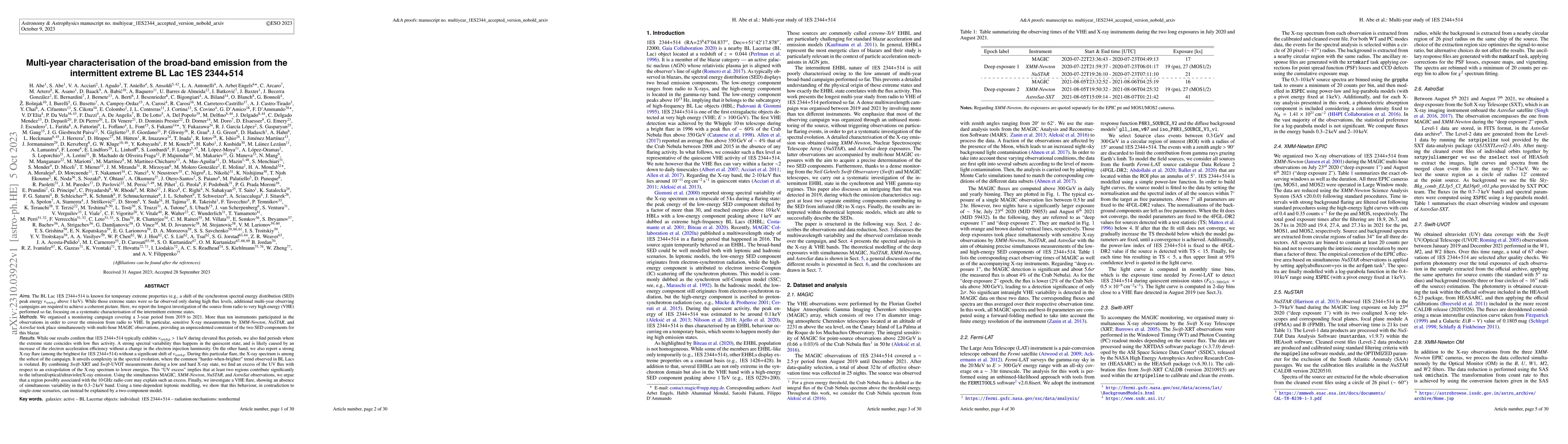Thumbnail for Multi-year characterisation of the broad-band emission from the
  intermittent extreme BL Lac 1ES~2344+514