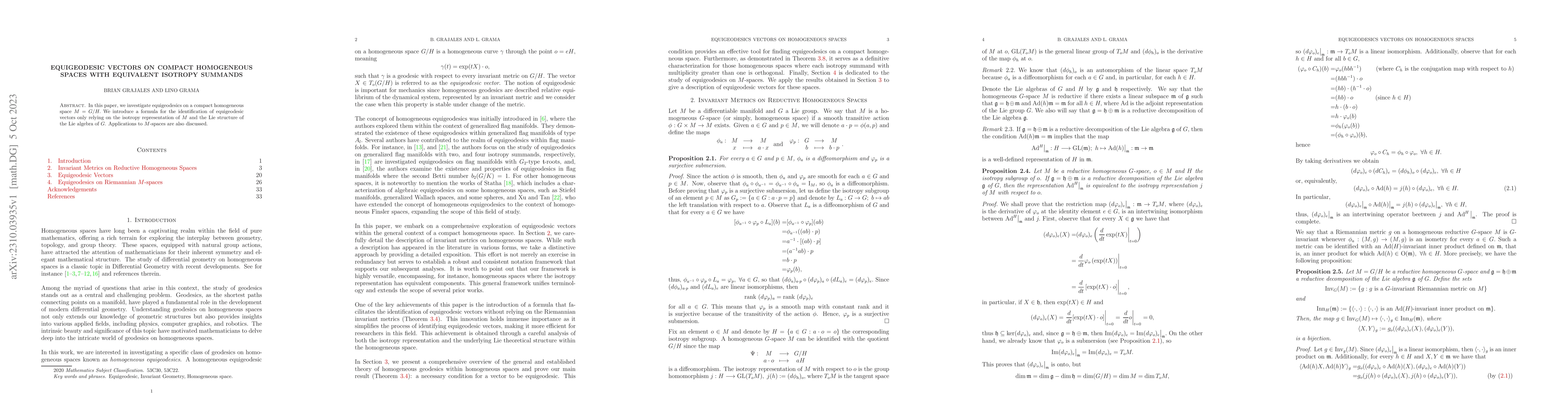Thumbnail for Equigeodesic vectors on compact homogeneous spaces with equivalent
  isotropy summands