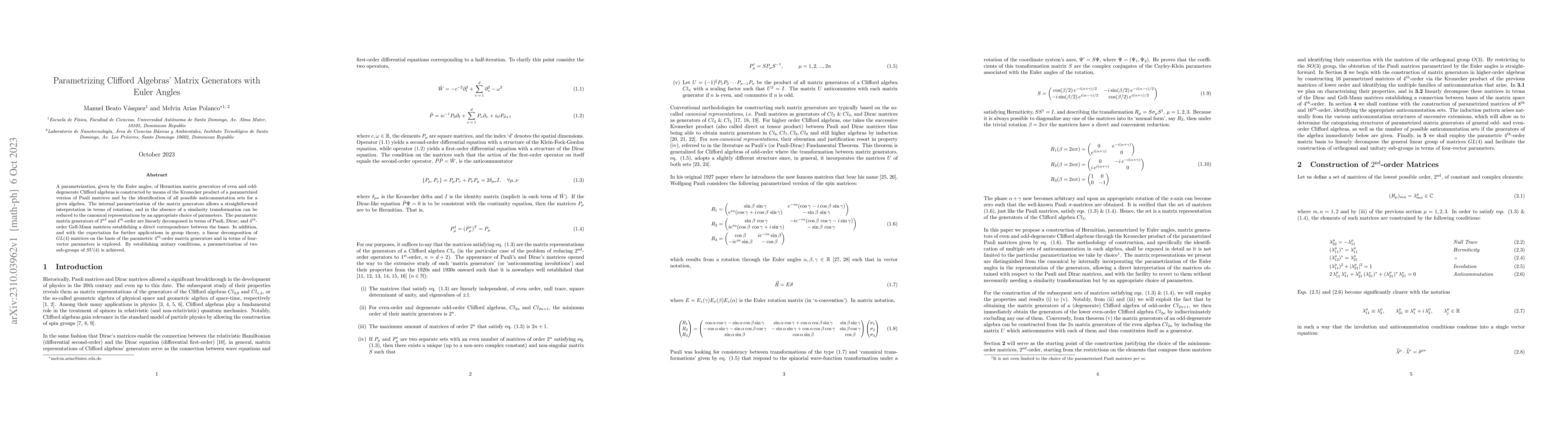 Thumbnail for Parametrizing Clifford Algebras' Matrix Generators with Euler Angles