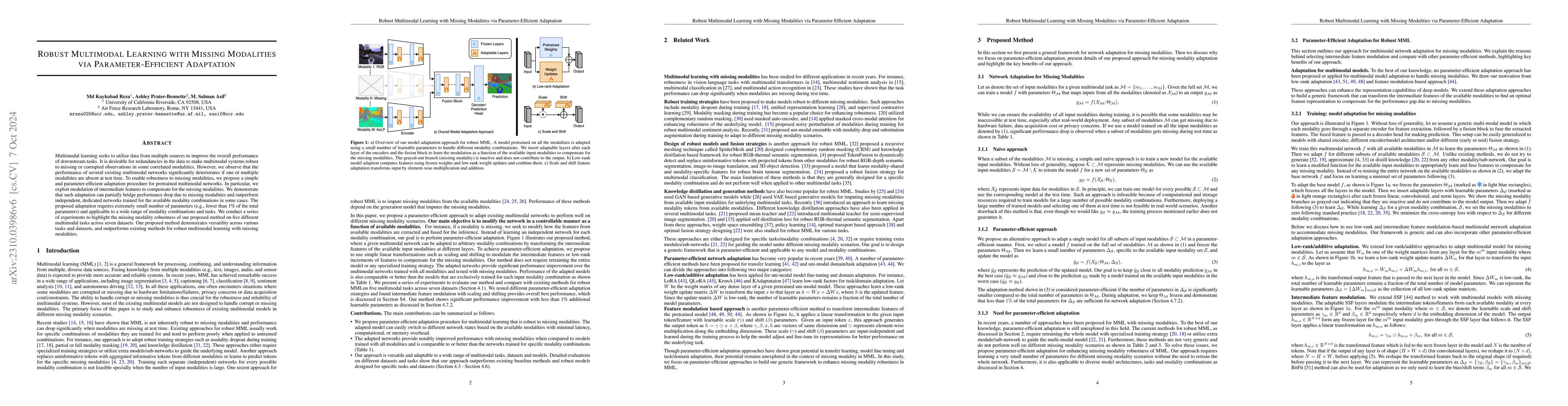 Thumbnail for Robust Multimodal Learning with Missing Modalities via
  Parameter-Efficient Adaptation