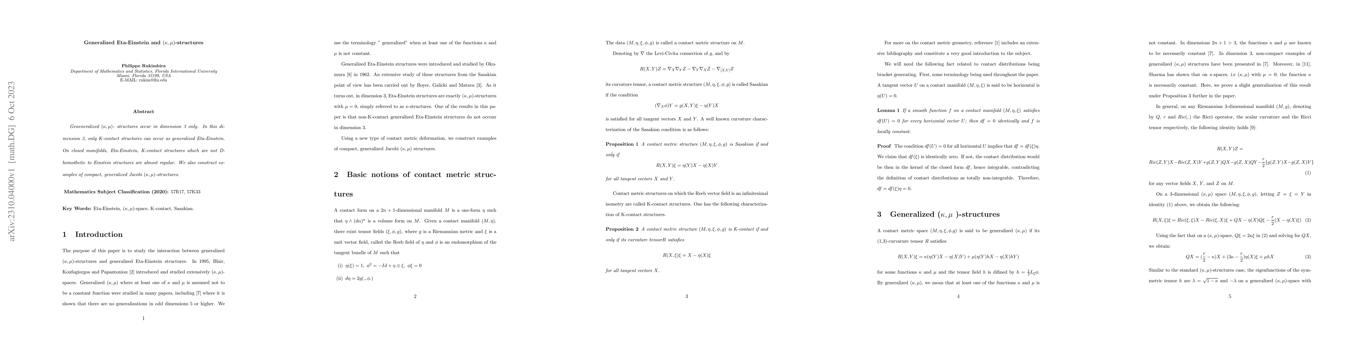 Thumbnail for Generalized Eta-Einstein and $(\kappa ,\mu )$-structures