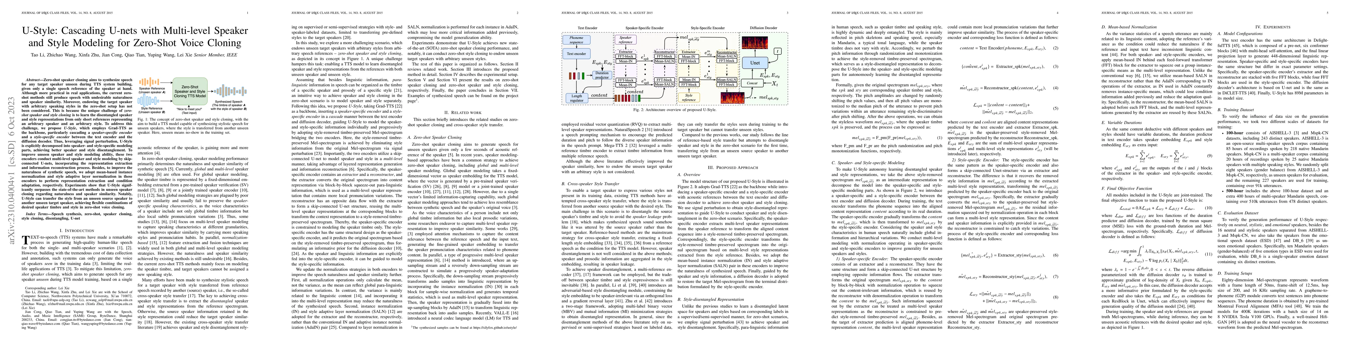 Thumbnail for U-Style: Cascading U-nets with Multi-level Speaker and Style Modeling
  for Zero-Shot Voice Cloning