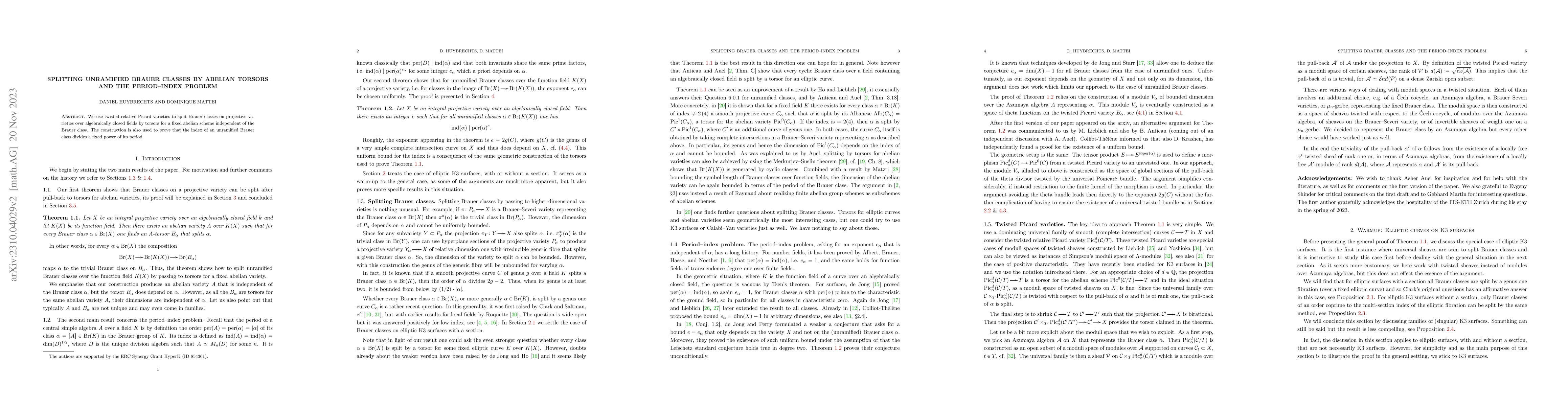 Thumbnail for Splitting unramified Brauer classes by abelian torsors and the
  period-index problem