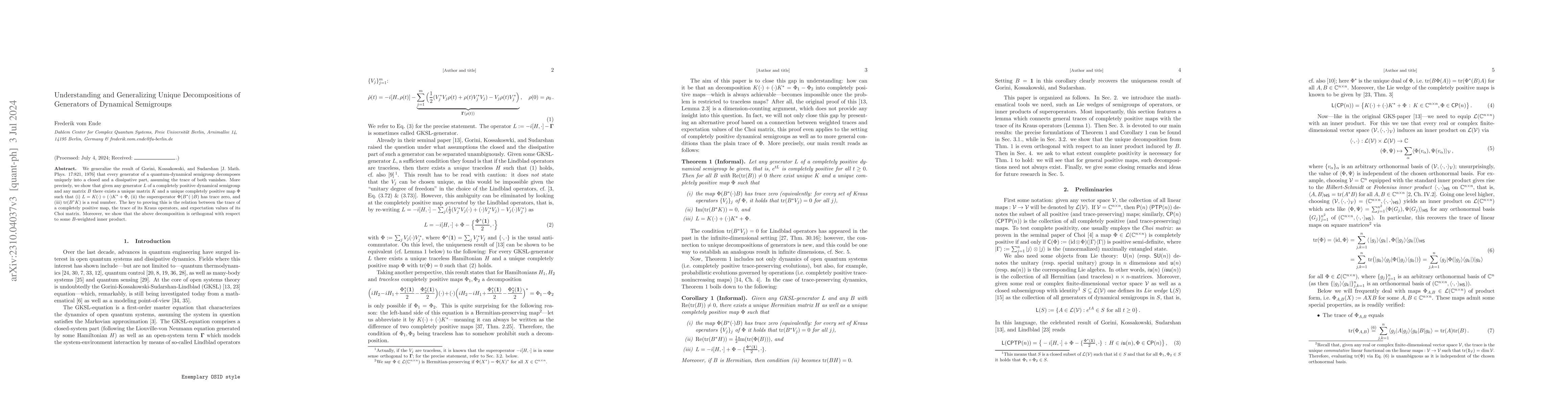 Thumbnail for Understanding and Generalizing Unique Decompositions of Generators of
  Dynamical Semigroups