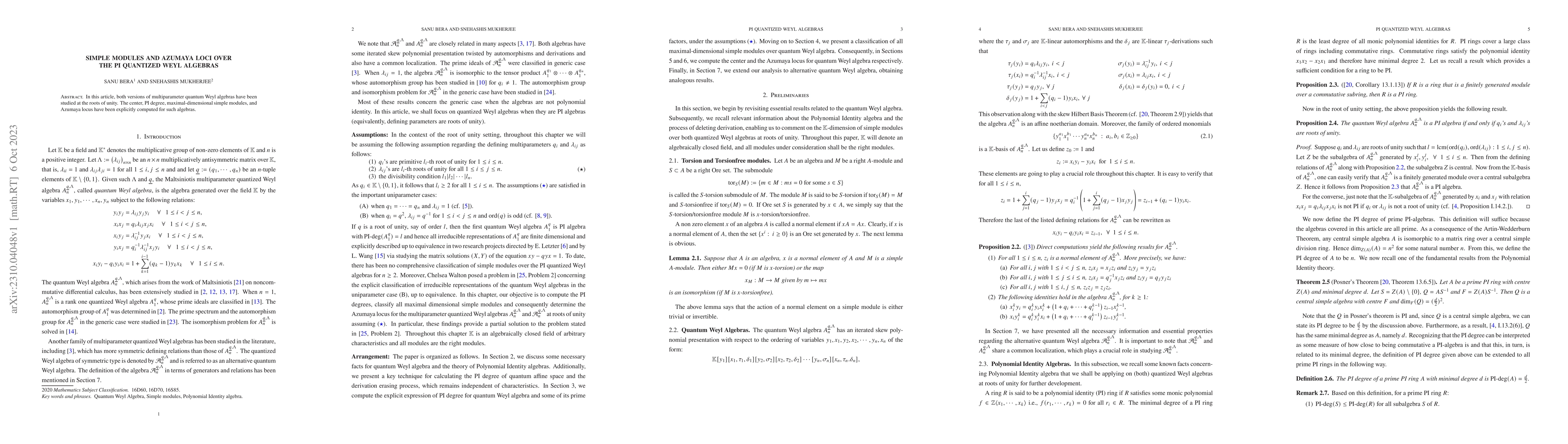 Thumbnail for Simple Modules and Azumaya Loci over the PI quantized Weyl Algebras