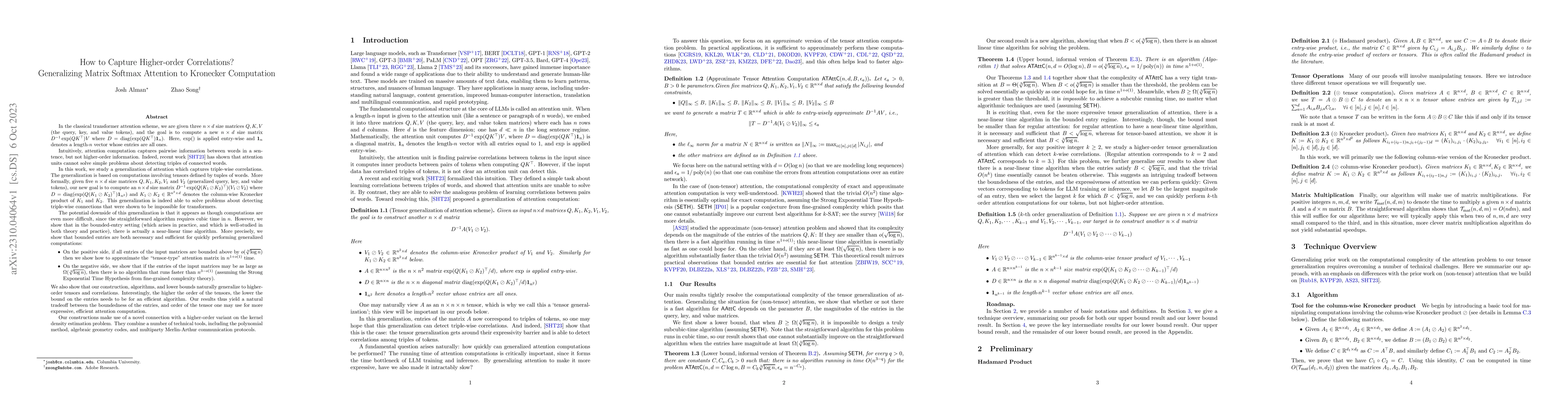 Thumbnail for How to Capture Higher-order Correlations? Generalizing Matrix Softmax
  Attention to Kronecker Computation