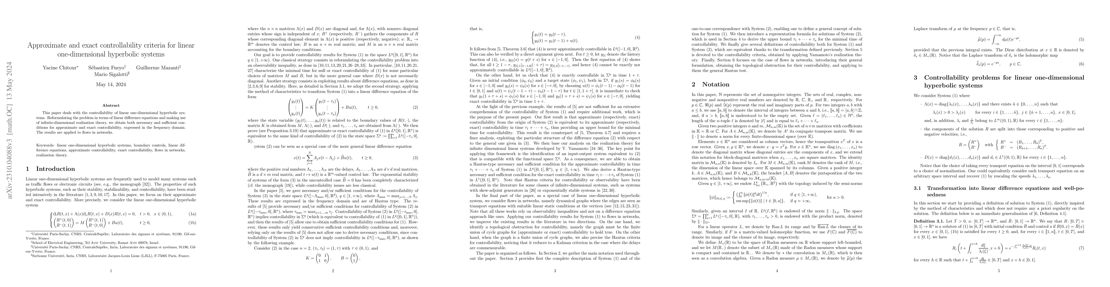 Thumbnail for Approximate and exact controllability criteria for linear
  one-dimensional hyperbolic systems