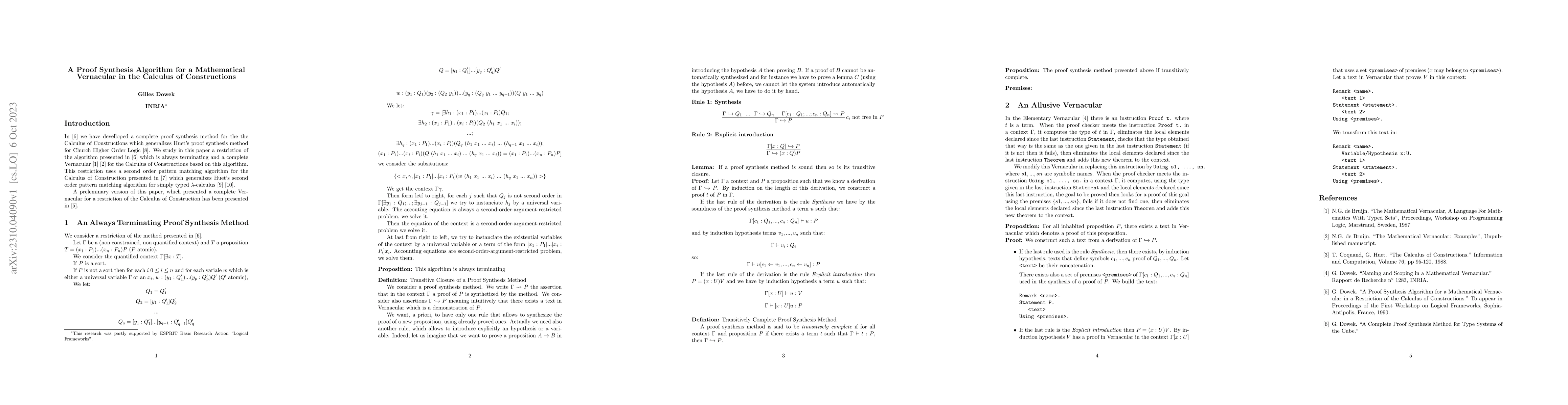 Thumbnail for A Proof Synthesis Algorithm for a Mathematical Vernacular in the
  Calculus of Constructions