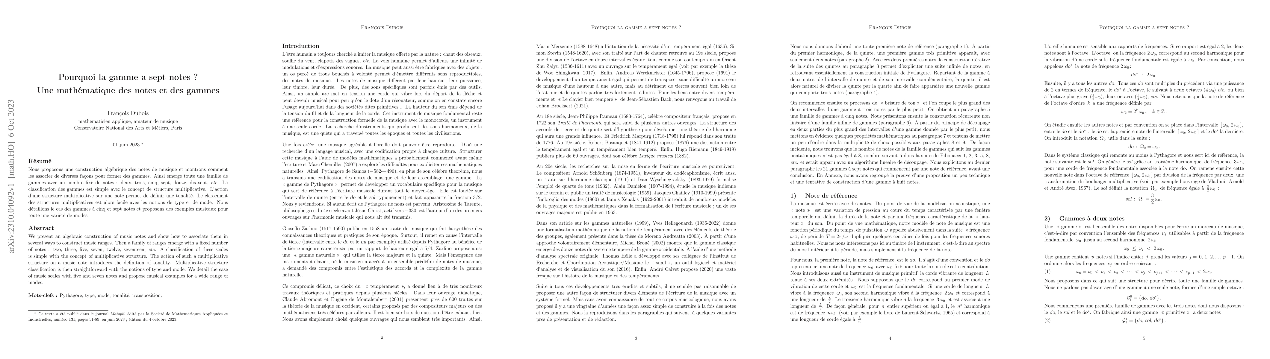 Thumbnail for Pourquoi la gamme a sept notes? Une math{\'e}matique des notes et des
  gammes