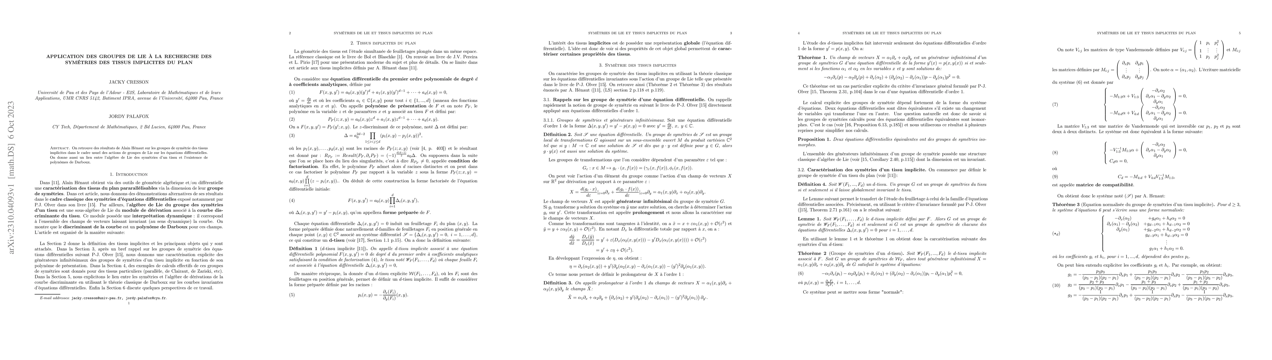 Thumbnail for Application des groupes de Lie {\`a} la recherche des sym{\'e}tries des
  tissus implicites du plan