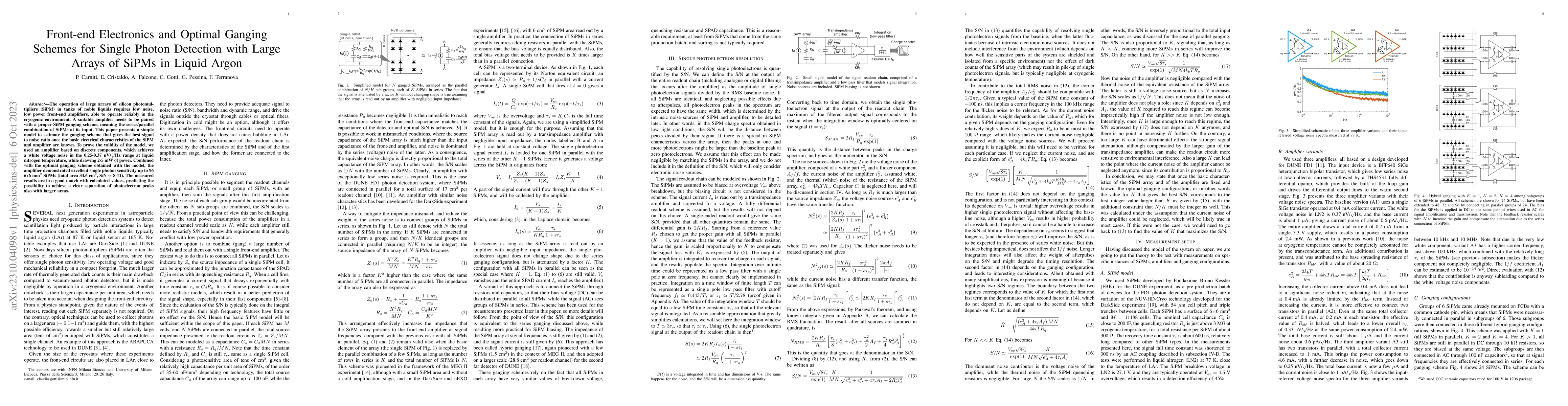 Thumbnail for Front-end Electronics and Optimal Ganging Schemes for Single Photon
  Detection with Large Arrays of SiPMs in Liquid Argon