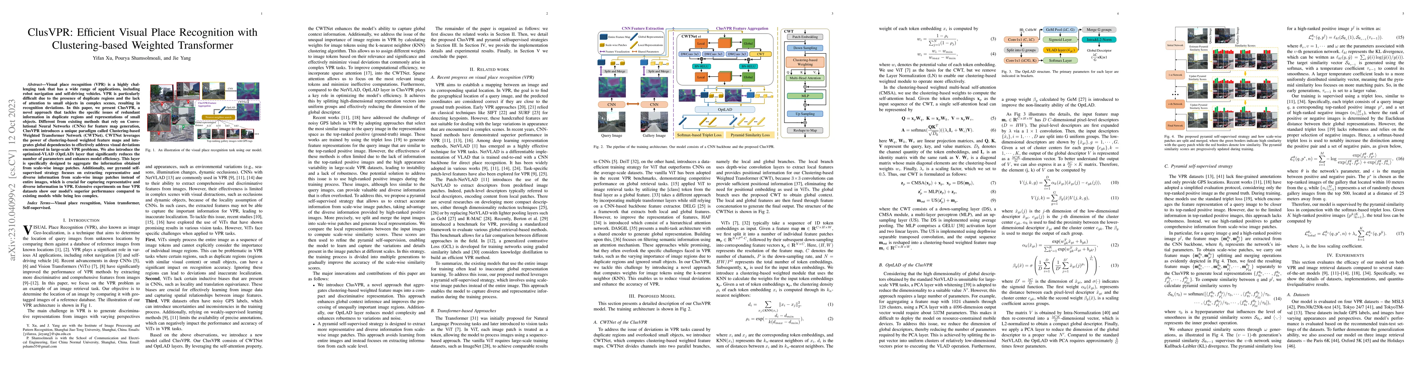 Thumbnail for ClusVPR: Efficient Visual Place Recognition with Clustering-based
  Weighted Transformer