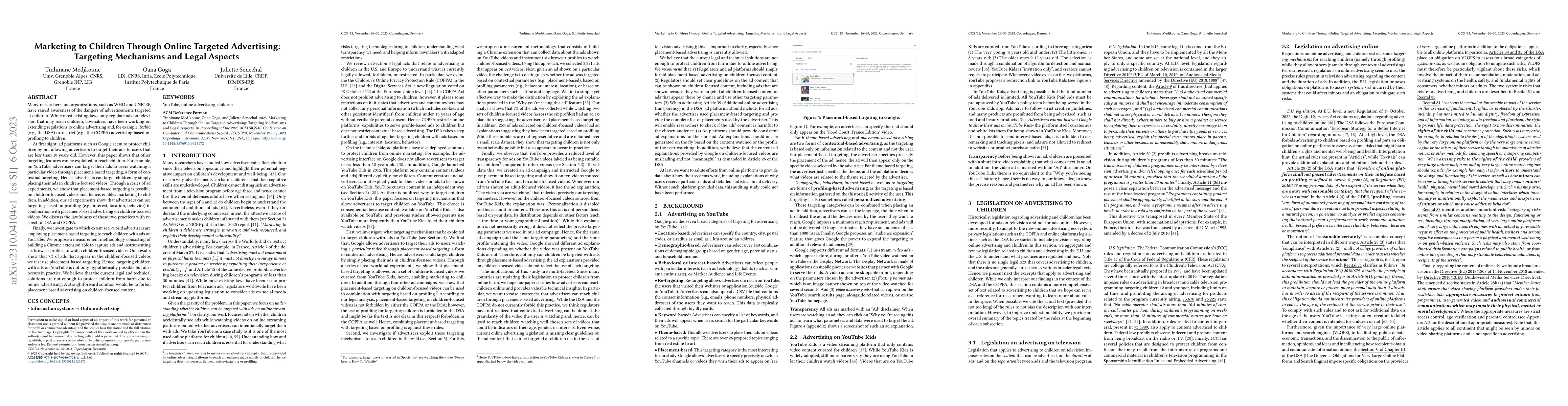 Thumbnail for Marketing to Children Through Online Targeted Advertising: Targeting
  Mechanisms and Legal Aspects