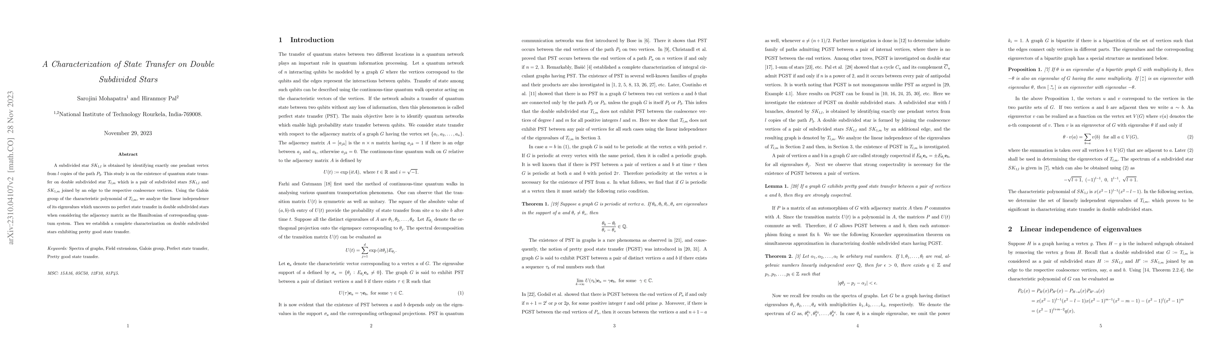 Thumbnail for A Characterization of State Transfer on Double Subdivided Stars