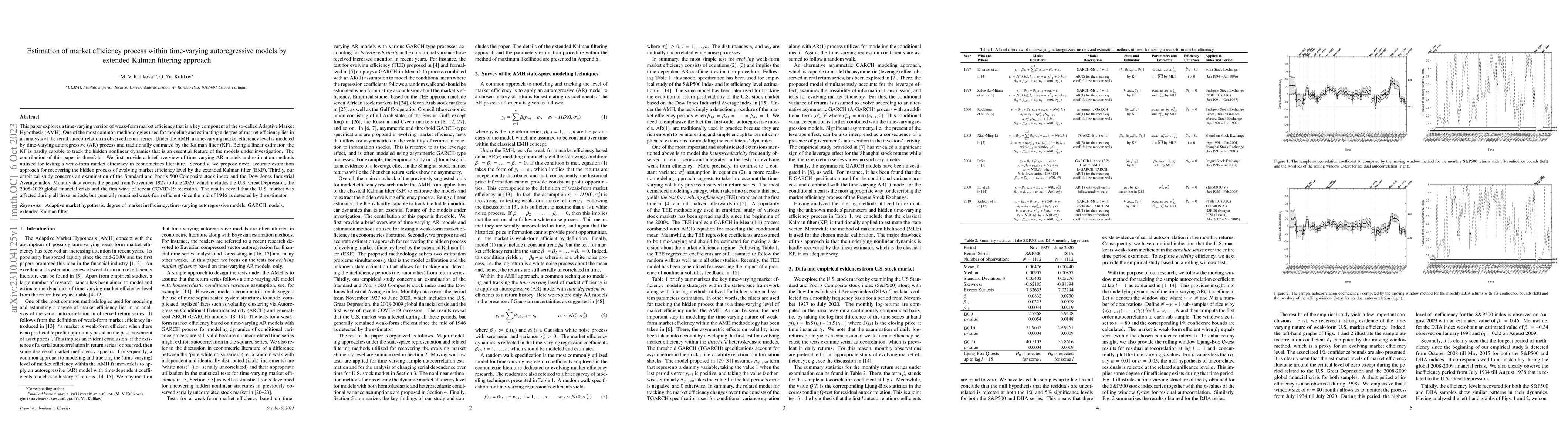 Thumbnail for Estimation of market efficiency process within time-varying
  autoregressive models by extended Kalman filtering approach