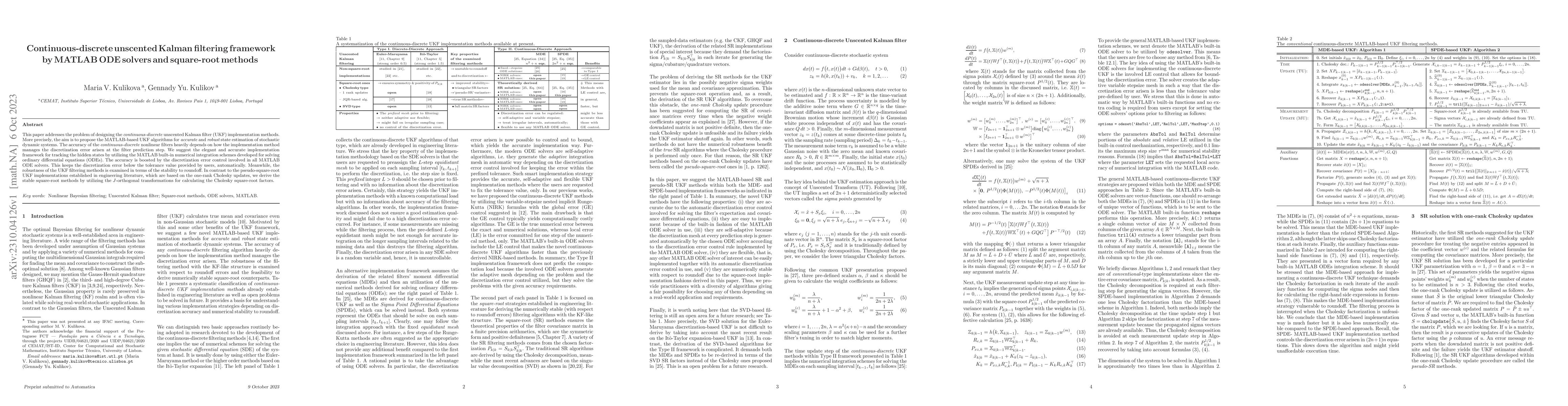 Thumbnail for Continuous-discrete unscented Kalman filtering framework by MATLAB ODE
  solvers and square-root methods