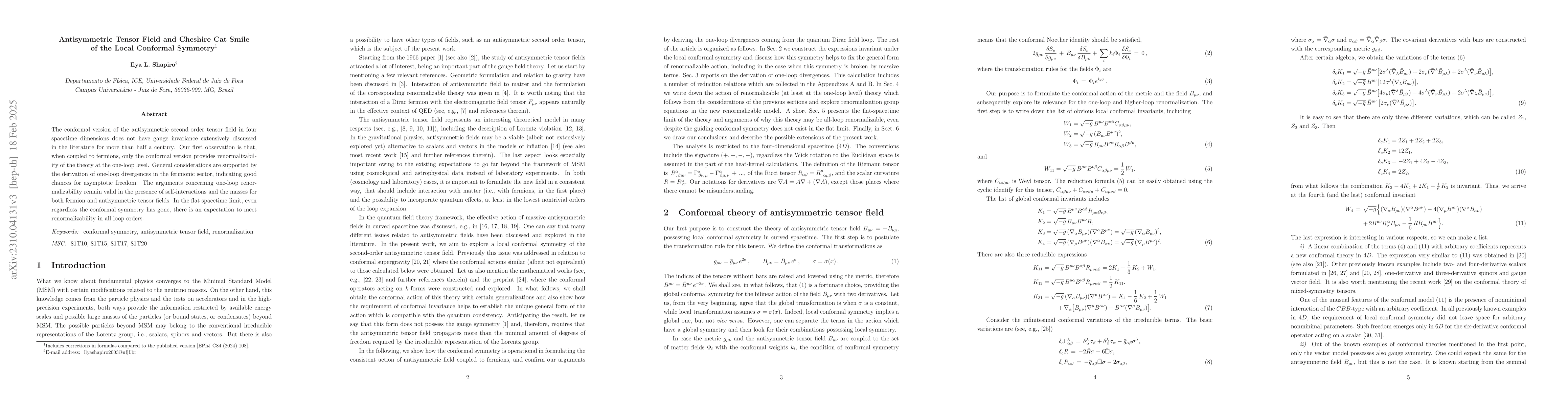 Thumbnail for Antisymmetric Tensor Field and Cheshire Cat Smile of the Local Conformal
  Symmetry