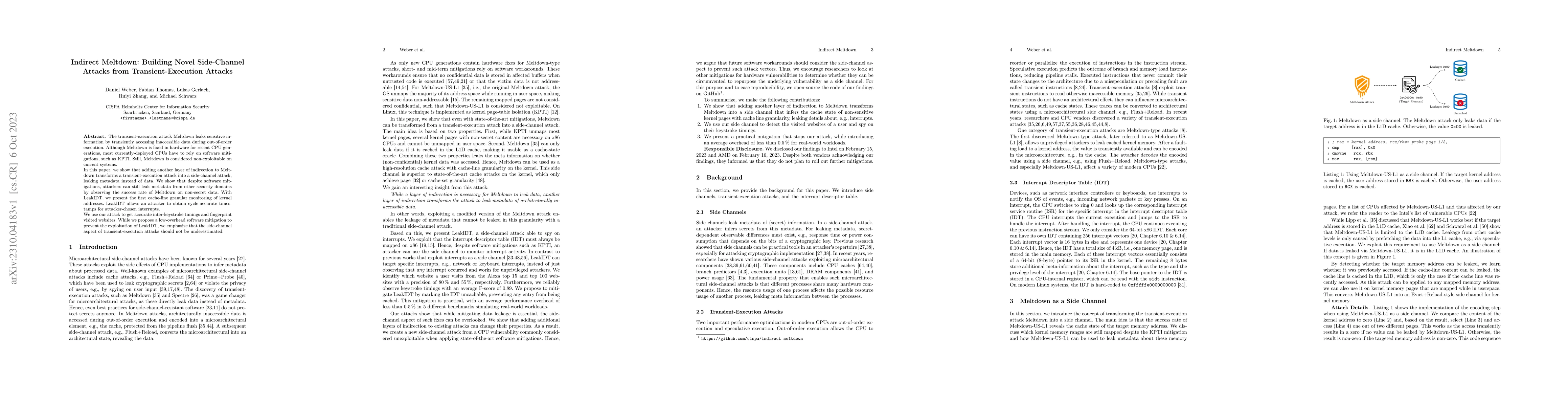 Thumbnail for Indirect Meltdown: Building Novel Side-Channel Attacks from
  Transient-Execution Attacks