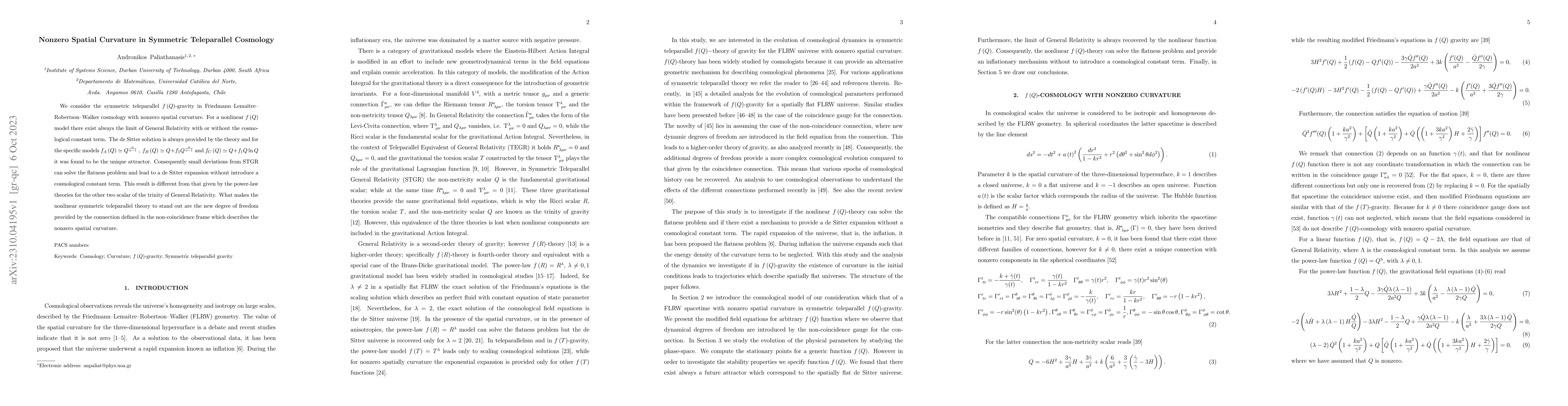 Thumbnail for Nonzero Spatial Curvature in Symmetric Teleparallel Cosmology