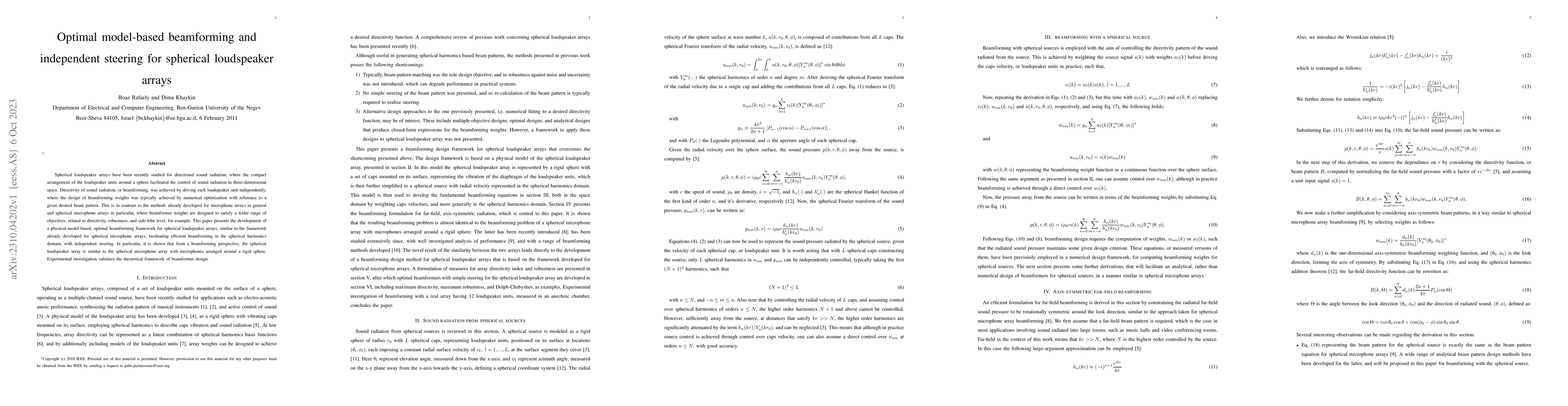 Thumbnail for Optimal model-based beamforming and independent steering for spherical
  loudspeaker arrays