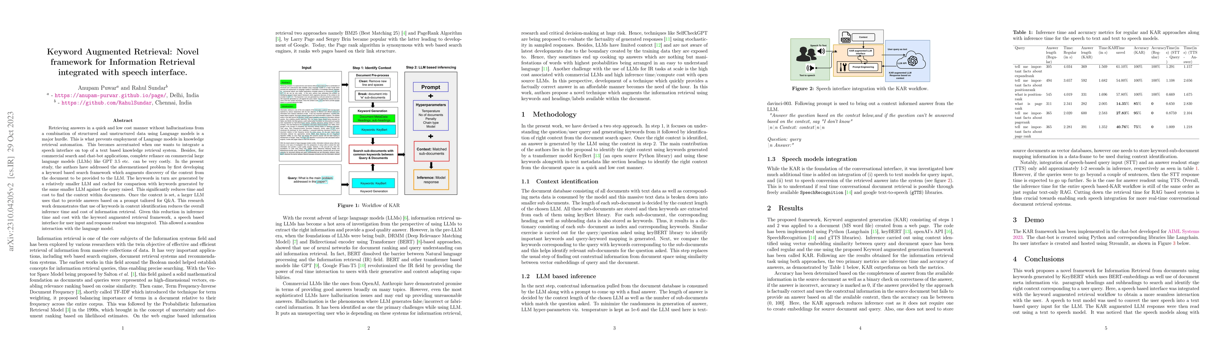 Thumbnail for Keyword Augmented Retrieval: Novel framework for Information Retrieval
  integrated with speech interface