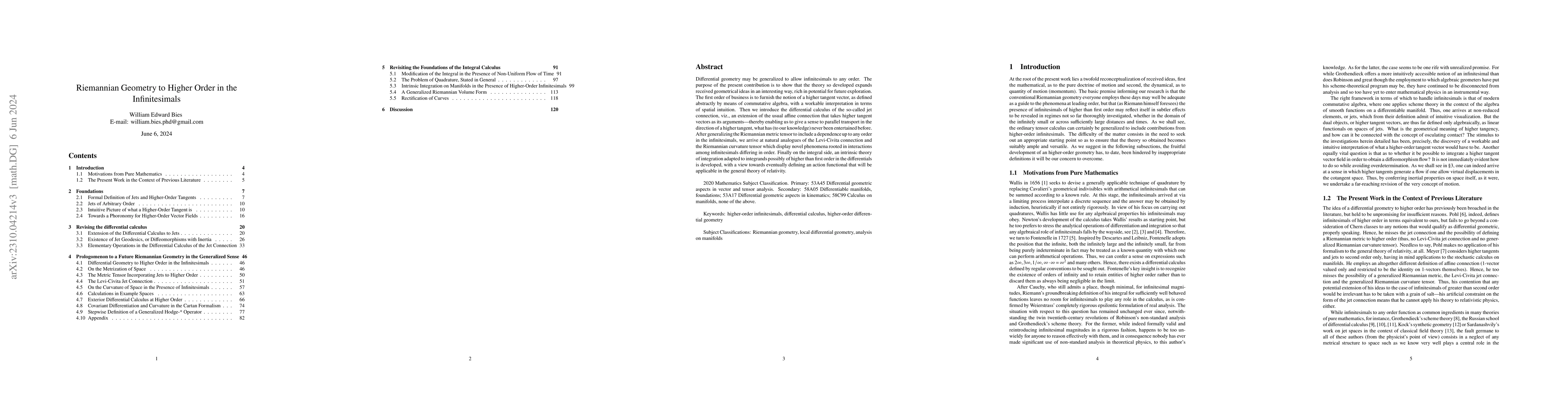 Thumbnail for Riemannian Geometry to Higher Order in the Infinitesimals